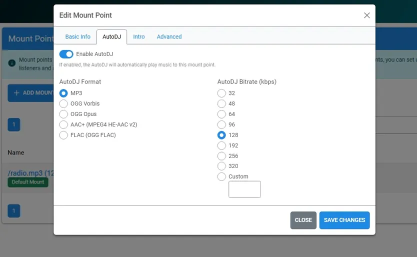 bitrate configuration azuracast